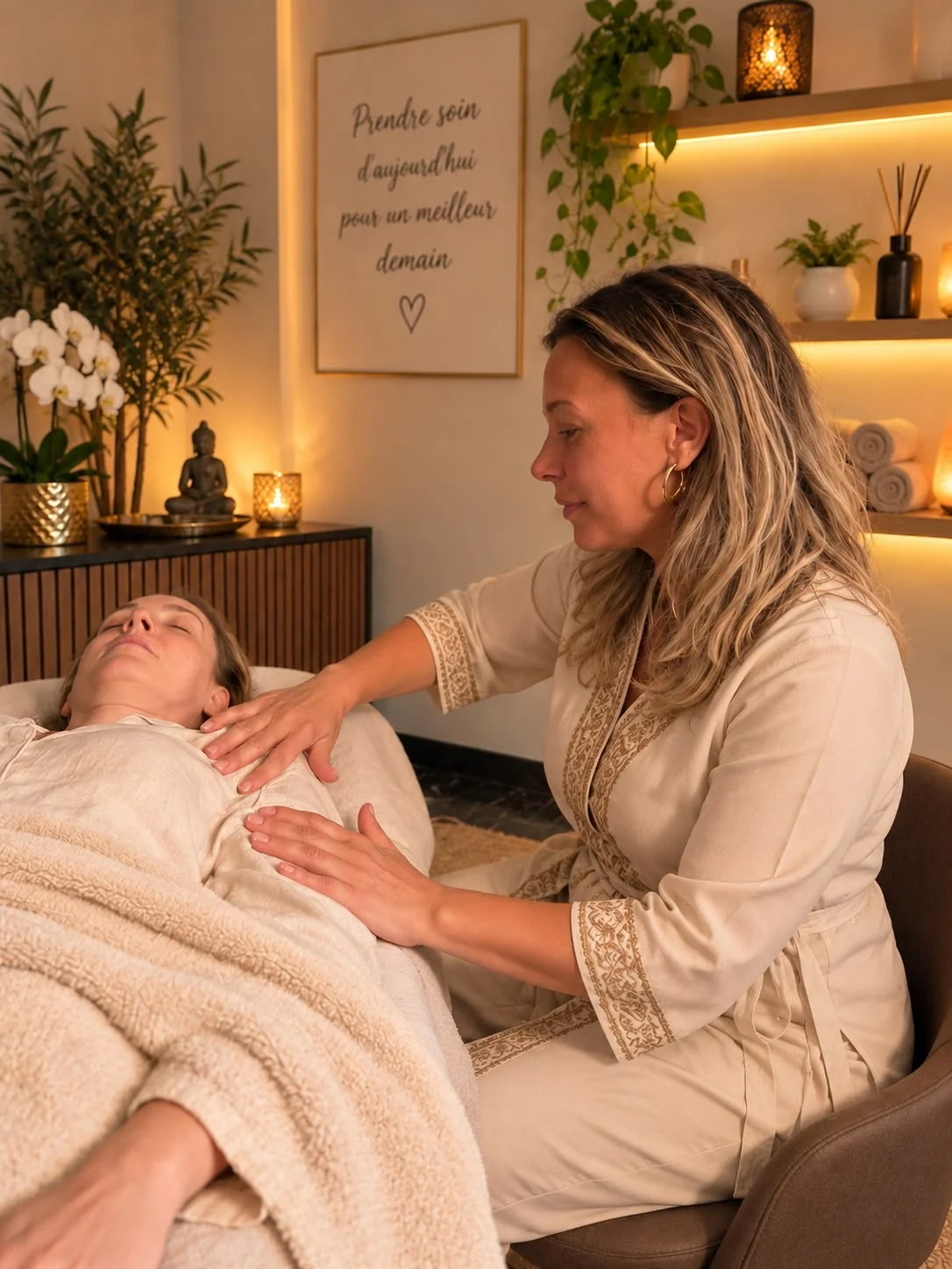 Nour accompagne une femme allongée pendant un moment de relaxation